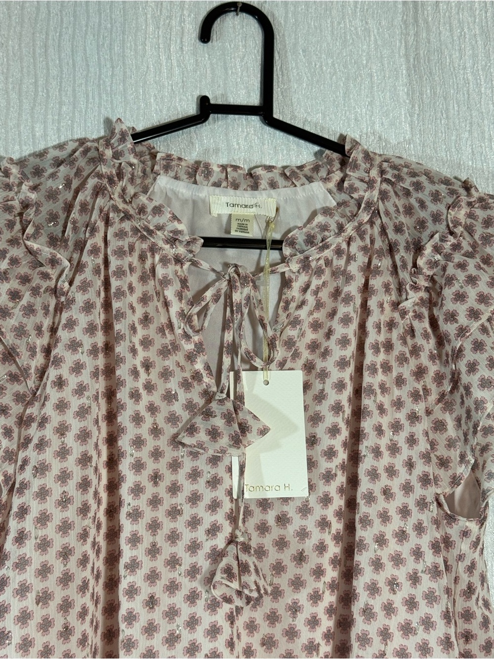 Tamara H. Dusty Pink Floral Tie-Front Ruffle Blouse